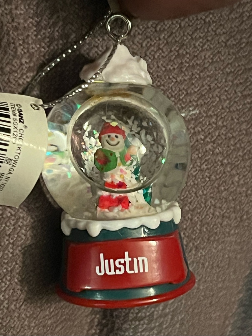 Personalized Red Snow Globe Ornament with Snowman - Justin